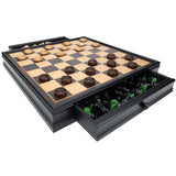 WE Games French Staunton Chess & Checkers Set - Weighted Pieces, Black Stained Wooden Board with Storage Drawers - 15 in.