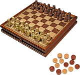WE Games Medieval Chess & Checkers Game Set - Wood Board with Storage Drawers 15 in. - American Chess Equipment