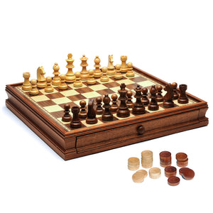 French Staunton Chess & Checkers Set - Weighted Pieces, Brown & Natural Wooden Board with Storage Drawers - 15 in.