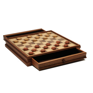 French Staunton Chess & Checkers Set - Weighted Pieces, Brown & Natural Wooden Board with Storage Drawers - 15 in.