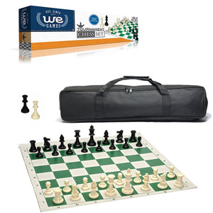 WE Games Complete Tournament Chess Set – Plastic Chess Pieces with Green Roll-up Chess Board and Travel Canvas Bag - American Chess Equipment