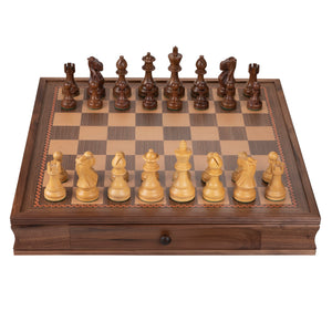 Grand English Style Chess Set with Storage Drawers – Pieces are Tournament Sized and Hand Carved with Camphor Wood Board 19 in.