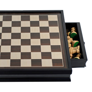 Grand English Style Chess Set with Storage Drawers – Pieces are Tournament Sized and Hand Carved with Black Stained Wood Board 19 in. - American Chess Equipment