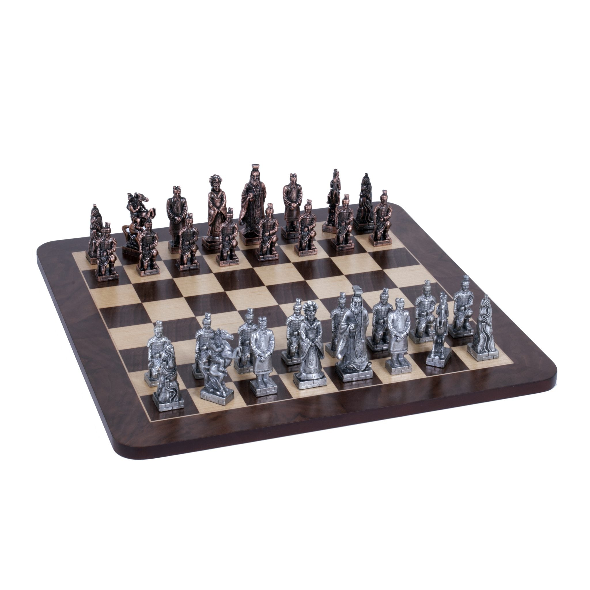 Chinese Qin Chess Set – Pewter Pieces & Walnut Root Board 16 in