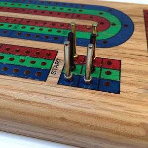 Classic Cribbage Set – Solid Wood TriColor (Blue, Green, Red) Continuous 3 Track Board with Metal Pegs
